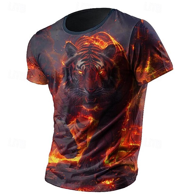 Men's Animal Tiger Flame Mars T Shirt Short Sleeve T shirt 3D Print Crew Neck Shirt Fashion Designer Athleisure Street Sports Outdoor Black 1 Black 2 Summer Spring Clothing Apparel S M L XL XXL XXXL 5