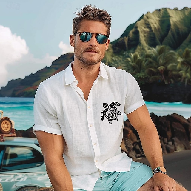  Herren Freizeithemd Strandhemd Schildkröte Hawaiianisch bequemes Hemd lässig lässig täglich Sommer Umlegekragen Kurzarm weißes Hemd aus Leinen-Baumwoll-Mischgewebe