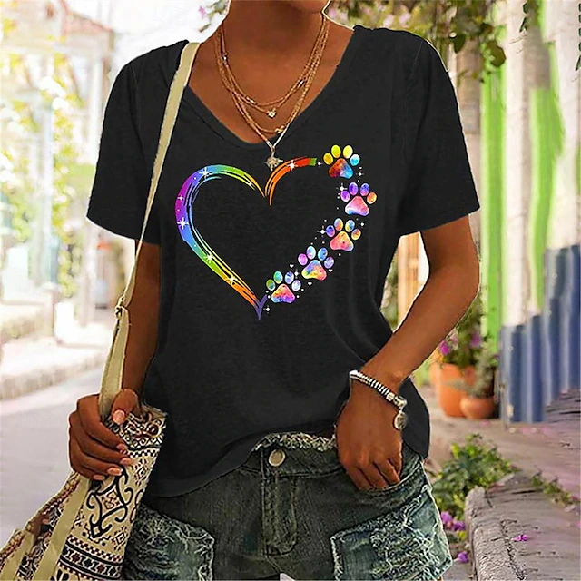 Women's T Shirt Heart Fashion Modern Half Sleeve V Neck Regular Tops Vacation Daily Black White Blue Gray Summer 5