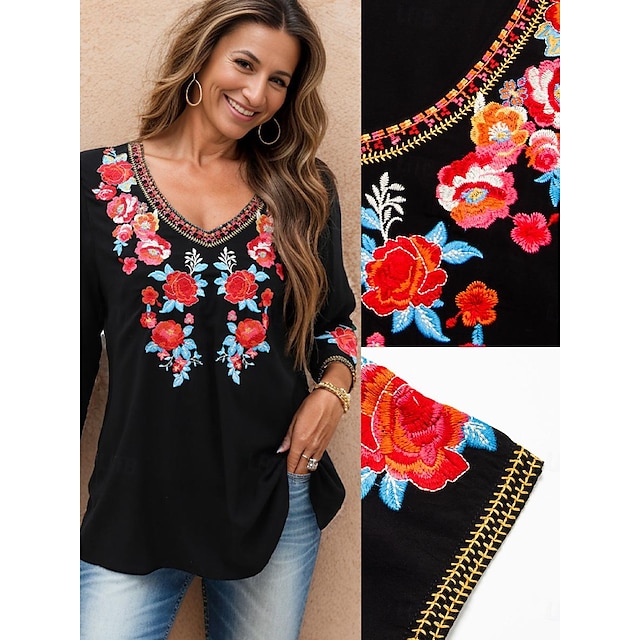  Women's Designer Shirt Floral Tribal Embroidered Work Casual Holiday Vintage Bohemian Style Casual 3/4 Length Sleeve V Neck Black Summer Spring &  Fall