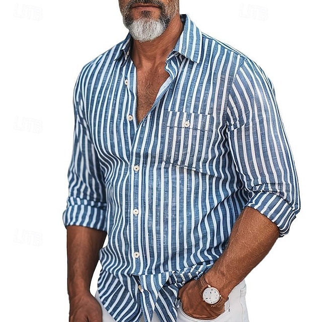  Herre Skjorte Button Up skjorte Casual skjorte Sommer skjorte Strandtrøje Blå Langærmet Stribe Aftæpning Hawaiiansk Ferie Lomme Tøj Mode Afslappet Bekvem