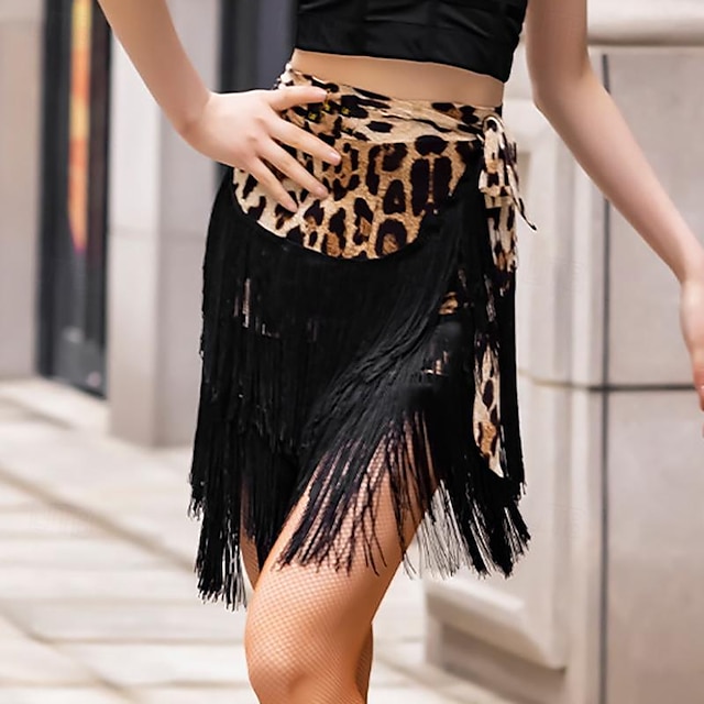  Baile Latino Baile de Salón Faldas Estampados Leopardo Estampado Borla Mujer Rendimiento Entrenamiento Cintura Alta Licra