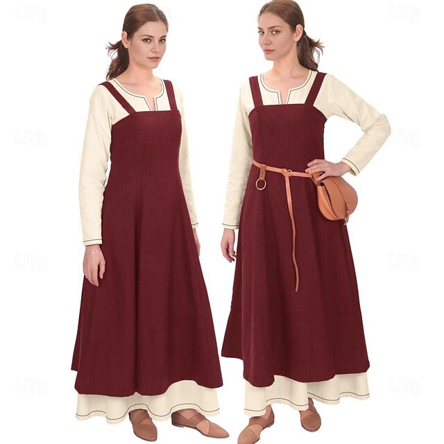 Women's Medieval Viking Apron Overdress with Laced Back Tunic Dress Set ...