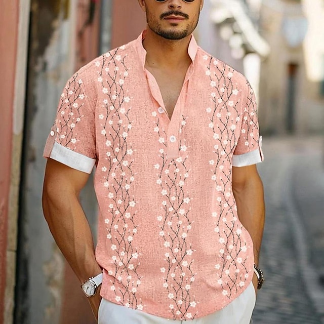  Мужская повседневная рубашка, повседневная, отпускная, летняя, весенняя, с воротником-стойкой, с короткими рукавами, розовая рубашка из полиэстера S, M, L