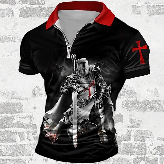 Men's Knights Templar Zip Polo Shirts Golf Shirt Short Sleeve Polo Shirts Collared Shirts Vacation Wear Festival Wear Party Outfits 3D Print Quarter Zip Polo Summer Spring Black4