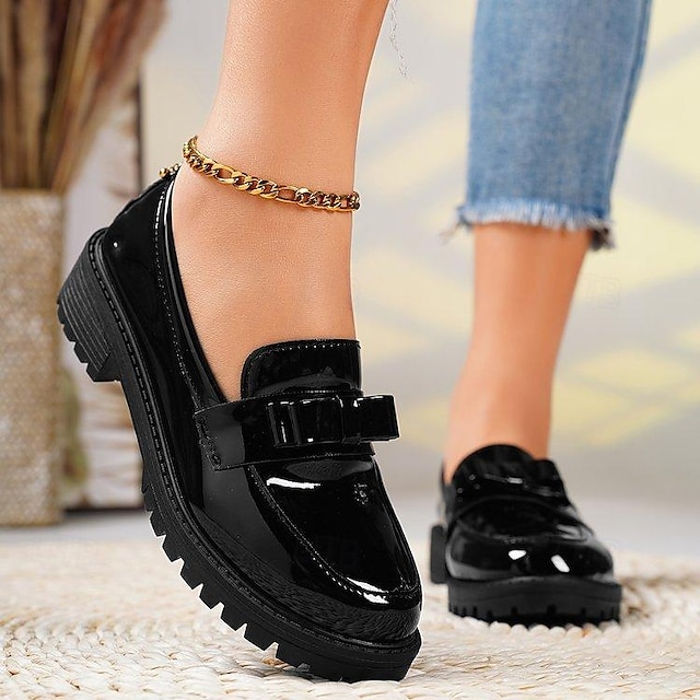  Mocassins à talons épais pour femmes, chaussures habillées de style preppy, confortables à enfiler, noir et rouge, décor avec nœud papillon