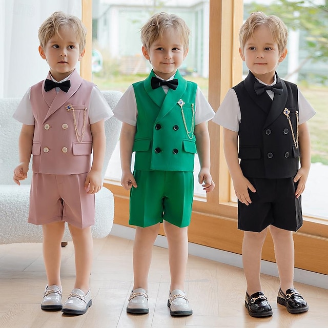  Children's Vest Suit Boy Summer British Performance Host Wedding Birthday Party Dress Kids Waistcoat Shorts Bowtie Clothes