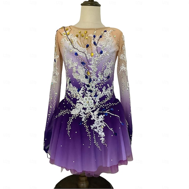  Figure Skating Dress Women's Girls' Ice Skating Dress Purple Thumbhole Halo Dyeing Mesh Spandex Stretchy Training Practice Professional Skating Wear Thermal Warm Classic Crystal / Rhinestone Long