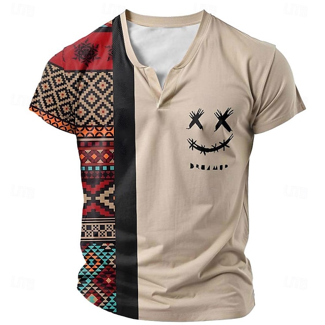  Tribal Vacaciones Moda Étnico Hombre Impresión 3D Camiseta Casual Camiseta Caqui Manga Corta Henley Camisa Verano Primavera Ropa S M L XL 2XL 3XL