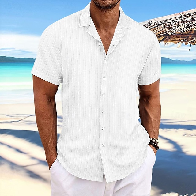  Men's Shirt Summer Shirt Beach Wear Button Up Shirt Casual Shirt Black White Navy Blue Blue khaki Short Sleeve Stripes Lapel Daily Vacation Clothing Apparel Fashion Casual Comfortable