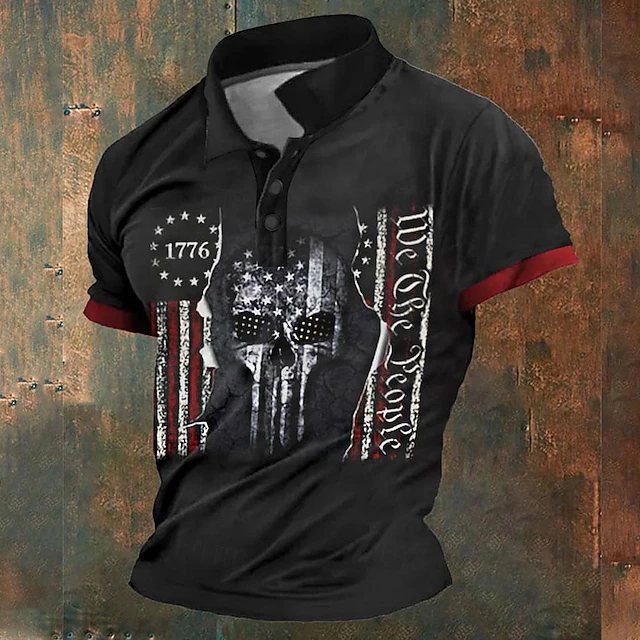 American Independence Day Men's American Flag Veterans Polo Shirts Golf Shirt Short Sleeve Polo Shirts Collared Shirts Streetwear Vacation Wear Party Outfits Buttons 3D Print Summer Spring Black4