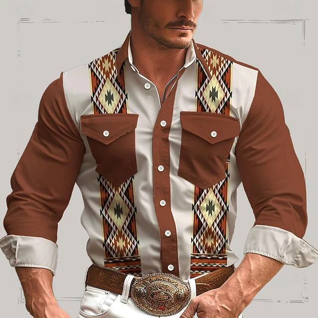 Men's Tribal Shirt Western Shirt Long Sleeve Western Style Tribal Summer Spring Fall Shirt Collar Brown4