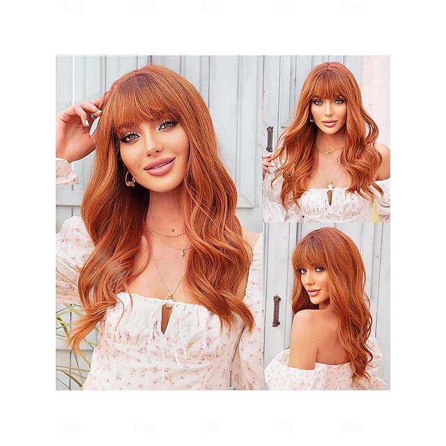 Synthetic Wig Body Wave Neat Bang Wig 22 inch Pink / Orange Synthetic Hair Women's Orange4