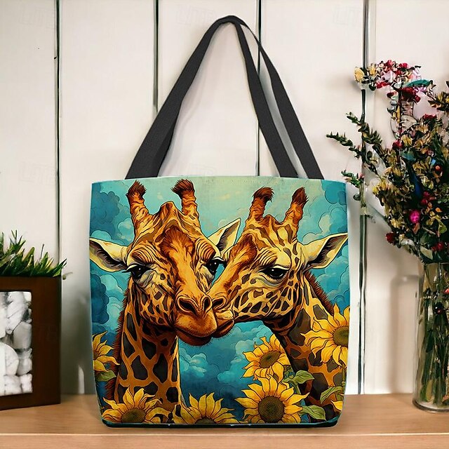  Femme Fourre-tout Sac d'épaule Sac fourre-tout en toile Polyester Achats Vacances Plage Imprimé Grande Capacité Pliable Poids Léger Girafe Jaune Bleu