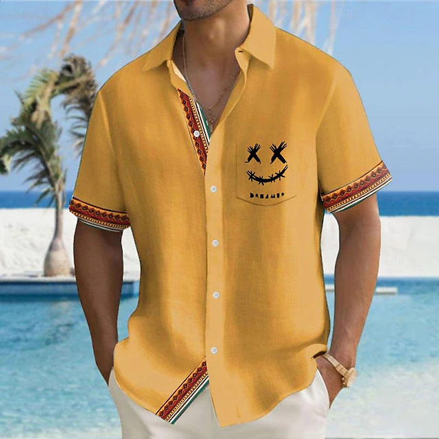 Men's Button Up Shirt Printed Shirts Short Sleeve Casual Vacation Holiday Daily Wear Summer Turndown Pocket Buttons Yellow4