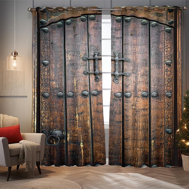 Vintage Wooden Blackout Curtains Door Insulation Outdoor Balcony Rest Living Room Home Decoration 2-piece Set of 3d Digital Printing Perforated