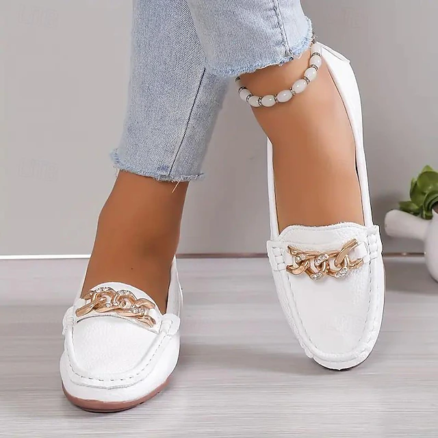 Women's Metallic Chain Decor Loafers Casual Round Toe Low Top Slip On Shoes Comfy & Versatile Flats 11