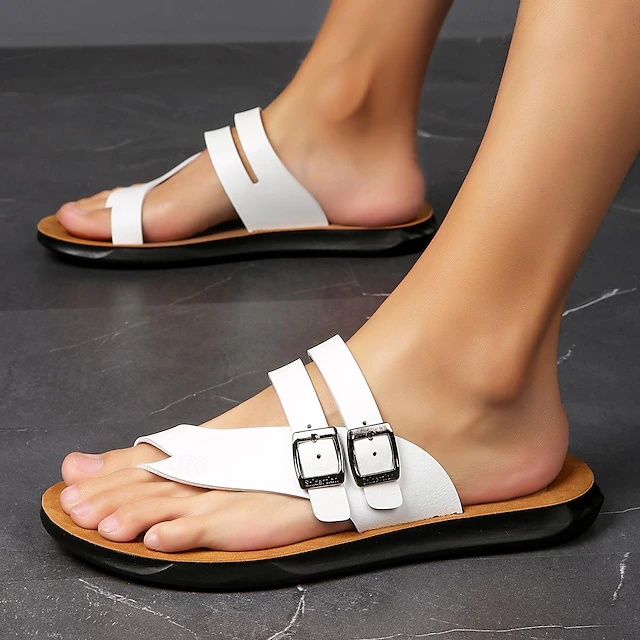 Men's White Faux Leather Buckle Strap Flip-Flop Sandals with Ergonomic Footbed, Casual Toe Loop Slides for Beach Vacation or Daily Summer Wear 6