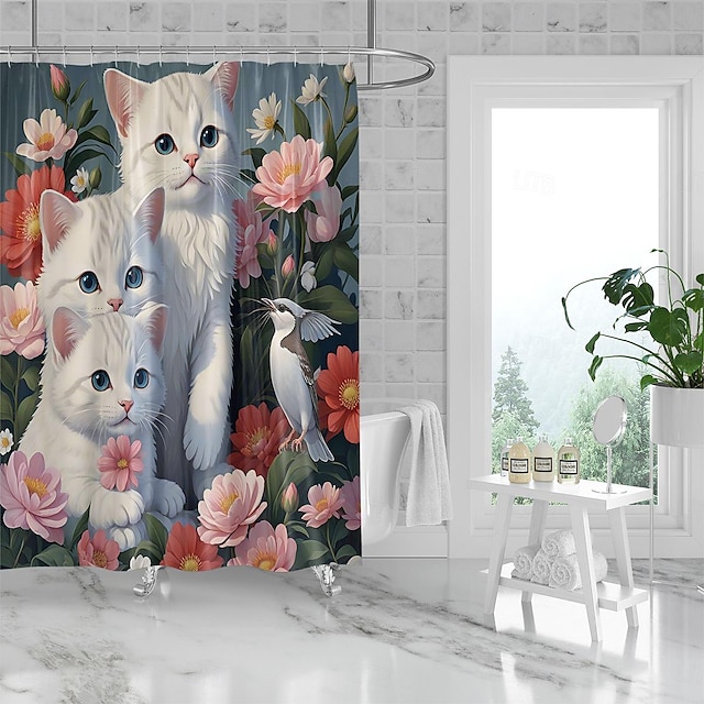  Cortina de chuveiro impressa digitalmente de gato fofo de 180 cm com margaridas de flores coloridas - para família, casa de família, banheiro, divisória de banheira - tecido de poliéster impermeável