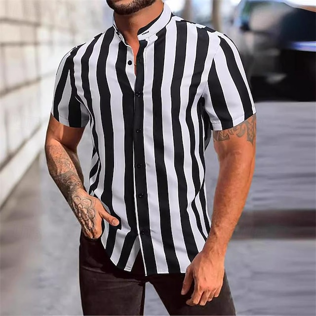  Per uomo Camicia Camicia con colletto cinese Camicia con colletto alla coreana Camicia Estiva Camicia casual Camicia da Spiaggia Nero Manica Corta A righe Colletto alla coreana Vacanza Camicia