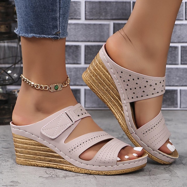  Women's Wedge Platform Sandals Peep Tow Sandals Casual Cut-out Summer Slip On Shoes Comfortable Outdoor Slide Sandals Apricot Blue Pink