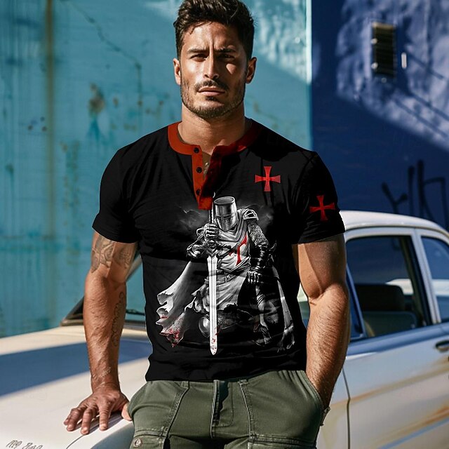 Men's Halloween Graphic Templar Cross Knights Templar T Shirt Henley Shirt Short Sleeve 3D Print Designer Retro Vintage Street Casual Daily Summer Spring Black Henley Henley T-Shirt4
