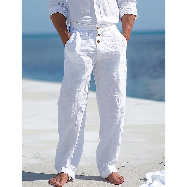  男性用 リネンパンツ ズボン サマーパンツ ビーチパンツ フロントポケット まっすぐな足 平織り 履き心地よい 高通気性 ビジネス カジュアル 日常 ファッション ベーシック ホワイト アーミーグリーン