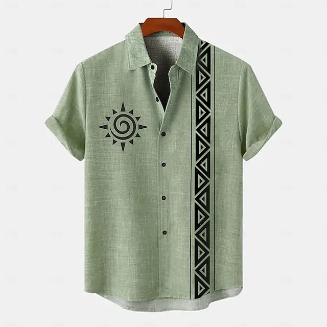  Men's Linen Shirt Button Up Shirt Retro Shirts Vintage Shirt Ethnic Shirt Vacation Daily Wear Yellow Green khaki Beige Short Sleeve Collared Shirts Summer Spring Clothing Apparel