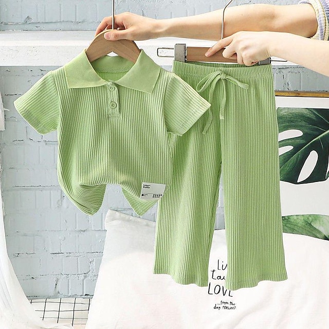  2 Stück kinderkleidung Mädchen Feste Farbe Hosenanzug einstellen Kurzarm Modisch Outdoor 3-7 Jahre Sommer Rosa Grün Grau