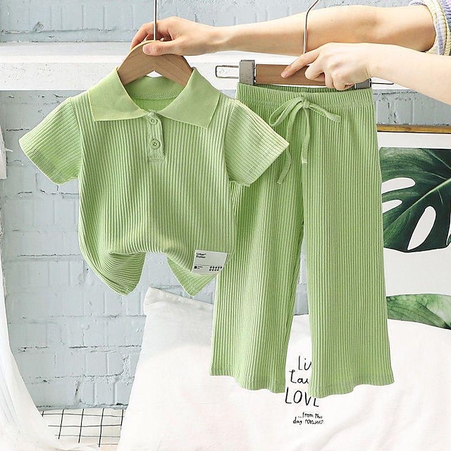  Clothing Sets Children's Set Summer New Girls POLO Polo Top Wide Leg Pants 2PCS Teenage Girls' Short Sleeve