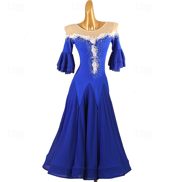  Danse de Salon Robe Strass Femme Fille Utilisation Entraînement Demi Manches Taille haute Mousseline de soie Chinlon Tulle