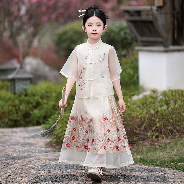  女の子の馬の顔のスカート 夏の子供用古代漢服 唐装 大きな子供用中国風 新中国風セット