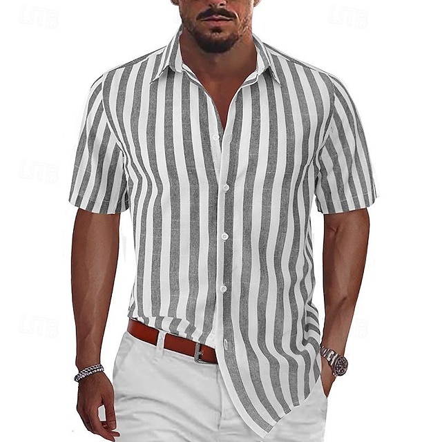 Herre Skjorte Button Up skjorte Casual skjorte Sommer skjorte Strandtrøje Sort Rød Blå Grå Kortærmet Stribe Aftæpning Hawaiiansk Ferie Tøj Mode Afslappet Bekvem