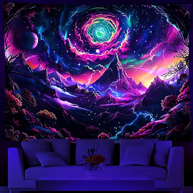  черный свет гобелен УФ-реактивное свечение в темноте галактика астронавт триповая гора туманная природа пейзаж висит гобелен настенная художественная роспись для гостиной спальни