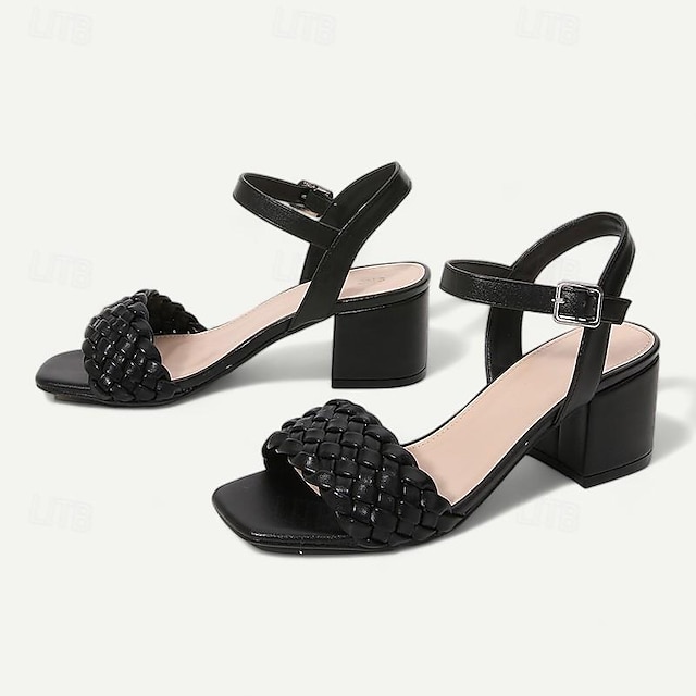  Mujer Sandalias Zapatos tejidos Talón de bloque Tacón Bajo Tacón Cuadrado Dedo cuadrada Moda Cuero microbiano Negro Beige