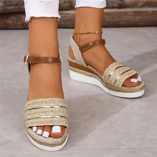  Women's Solid Color Platform Sandals Open Toe Ankle Buckle Strap Slingback Wedge Shoes Summer Versatile Comfy Shoes
