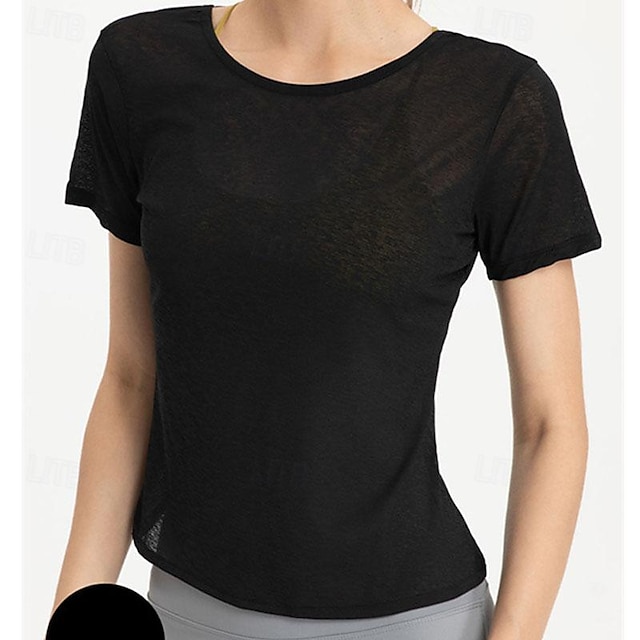  Dam Yoga topp Rund hals Snabb tork Lättvikt Andningsfunktion Öppen rygg Kortärmad sporter Ensfärgat T-shirt Överdelar För Löpning Kondition Yoga Lös passning Sportkläder