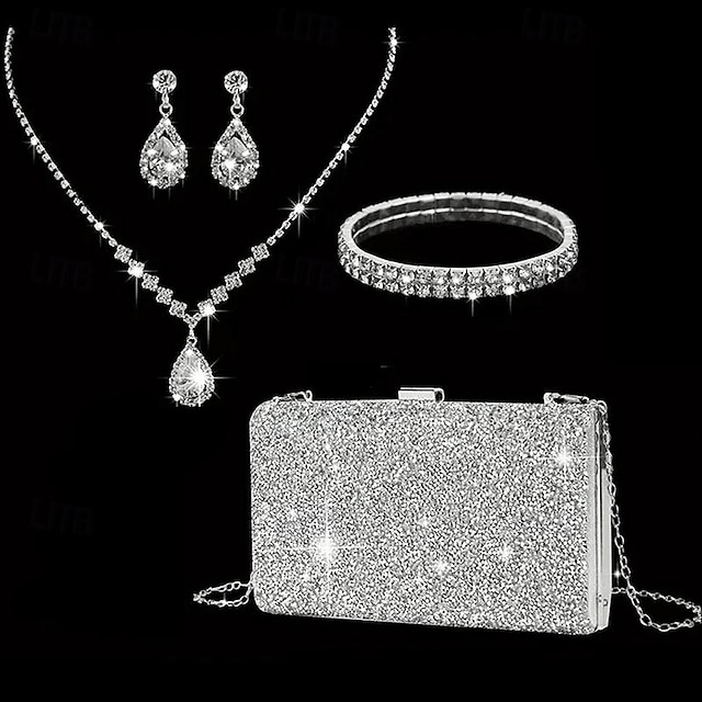  Γυναικεία Τσάντα Φάκελος τσάντα βράδυ Βραδινή τσάντα Πολυεστέρας 4 Κομμάτια Πάρτι Αργίες Τεχνητό διαμάντι Αλυσίδα Συμπαγές Χρώμα Ασημί