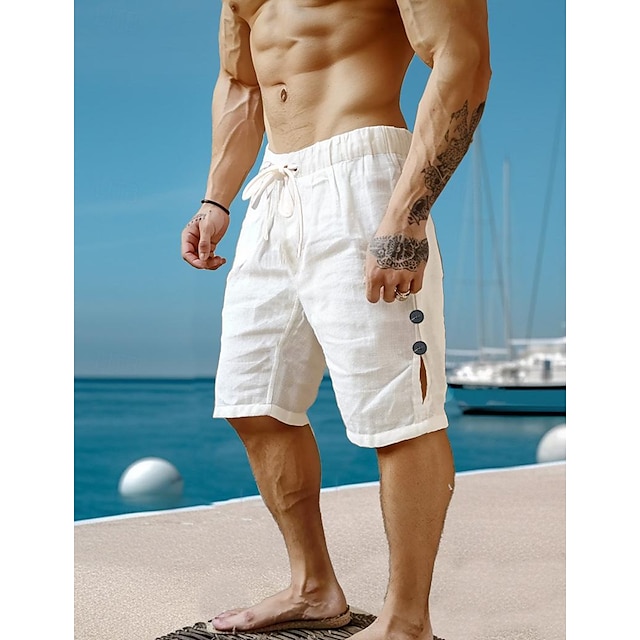  Hombre Pantalón corto Pantalones cortos de lino Pantalones cortos de verano Pantalones cortos de playa Correa Cintura elástica Plano Transpirable Longitud de la rodilla Yoga Playa Hawaiano Casual