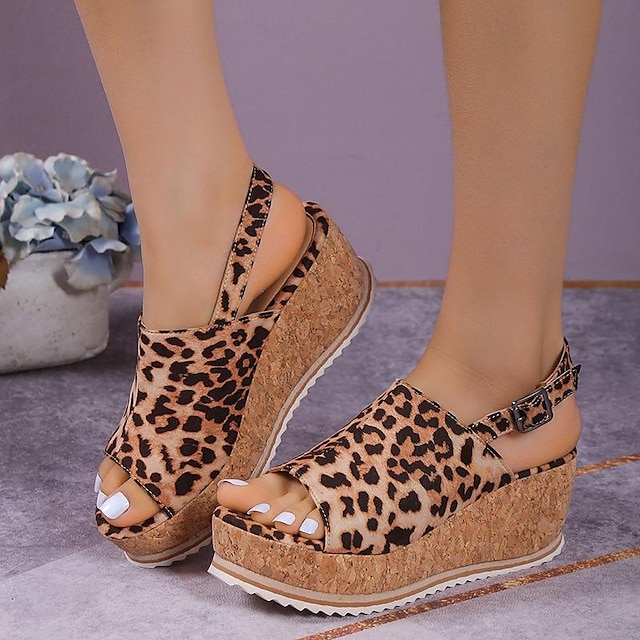  dámské sandály na klínku sandály na platformě módní bohémský peep toe leopardí přezka kotníkový pásek s cvočky na zádech pohodlné robustní spodní sandály