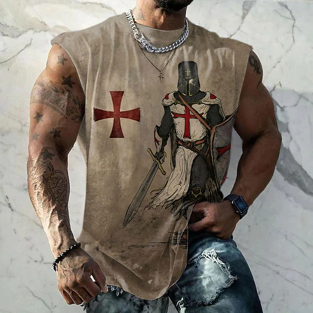 Men's Graphic Templar Cross Knights Templar T Shirt Short Sleeve T shirt 3D Print Crew Neck Shirt Sports Fashion Retro Vintage Street Sports Outdoor Casual Khaki Summer Spring Clothing Apparel S M L4