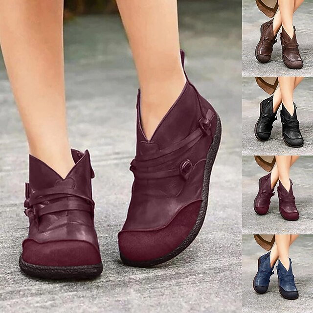 Women's Boots Comfort Shoes Zipper Low Heel Round Toe Vintage Minimalism PU Zipper Black Burgundy Blue 7