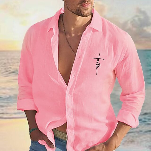 Men's Shirt Linen Shirt Casual Shirt Button Up Shirt Cotton Shirt Faith Hawaiian Holiday White Pink Light Blue Long Sleeve Turndown Spring & Fall Clothing Apparel Embroidered 5