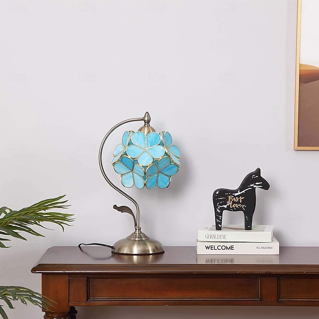  Sakura Tiffany Style Stained Glass Desk Lamp with Petal Lampshade Retro Pure Brass Base Switch Plug Decorative Desk Lamp AC100-240V Suitable for Study Bedroom Restaurant Coffee Table