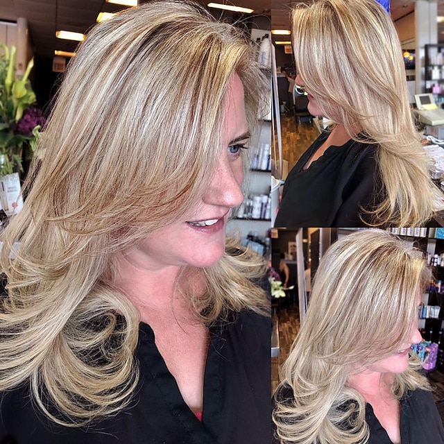  langlags parykk blonde lagdelte parykker 16 tommer naturlig bølget hår parykk for kvinner daglig fest bruk mote hår erstatning parykker syntetisk (16 tommer, brun blandet blond #)