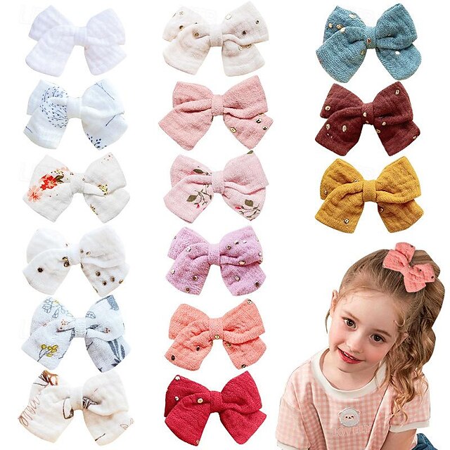  15PCS Pastoral Style Vintage Floral Print Bowknot Hair Clips For Kids Girls Cute Handmade Bow Headwear