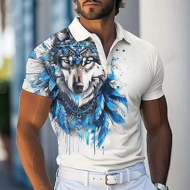 Men's Wolf Polo Shirts Golf Shirt Short Sleeve Polo Shirts Collared Shirts Funny Streetwear Vacation Wear Party Outfits Buttons 3D Print Spring & Summer White4