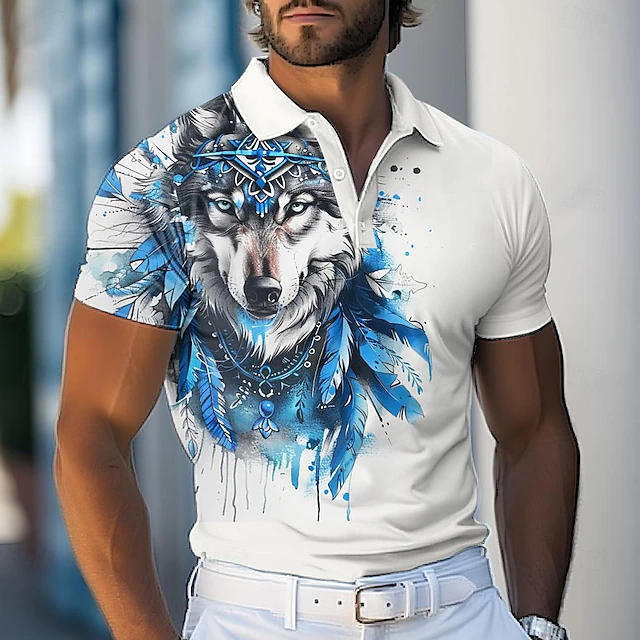 Men's Wolf Polo Shirts Golf Shirt Short Sleeve Polo Shirts Collared Shirts Funny Streetwear Vacation Wear Party Outfits Buttons 3D Print Spring & Summer White4