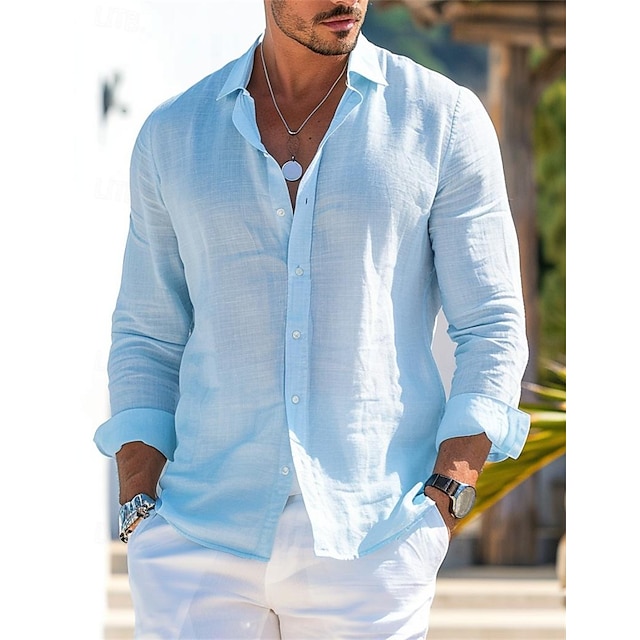  Hombre Camisa camisa de lino Abotonar la camisa Camisa de verano Camisa de playa Azul Piscina Manga Larga Plano Cuello Primavera verano Casual Diario Ropa