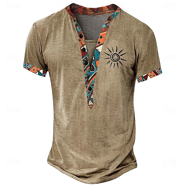 Men's Tribal Bandana Print T Shirt Henley Shirt Short Sleeve 3D Print Designer Ethnic Casual Daily Summer Spring Yellow Brown Green Standing Collar Henley T-Shirt 6